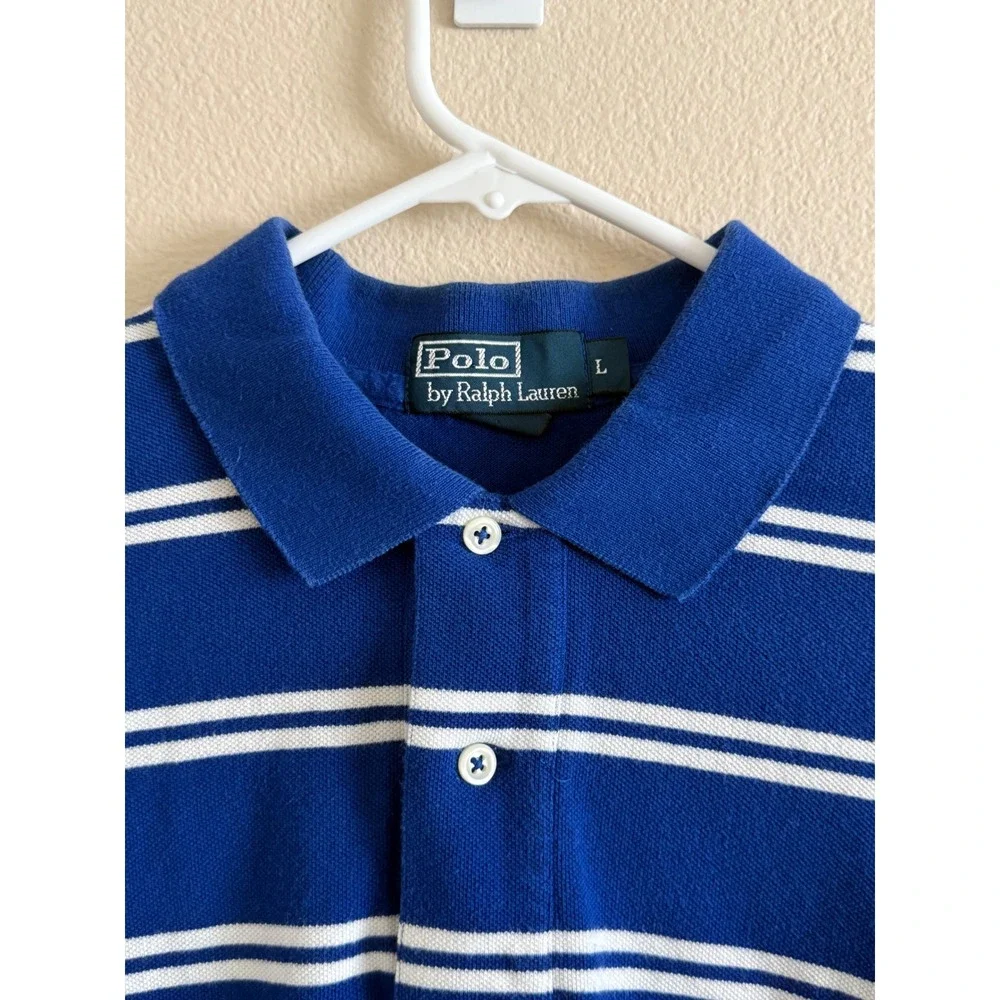 Polo Ralph Lauren Mens Large Blue White Striped Pique Short Sleeve Polo Shirt